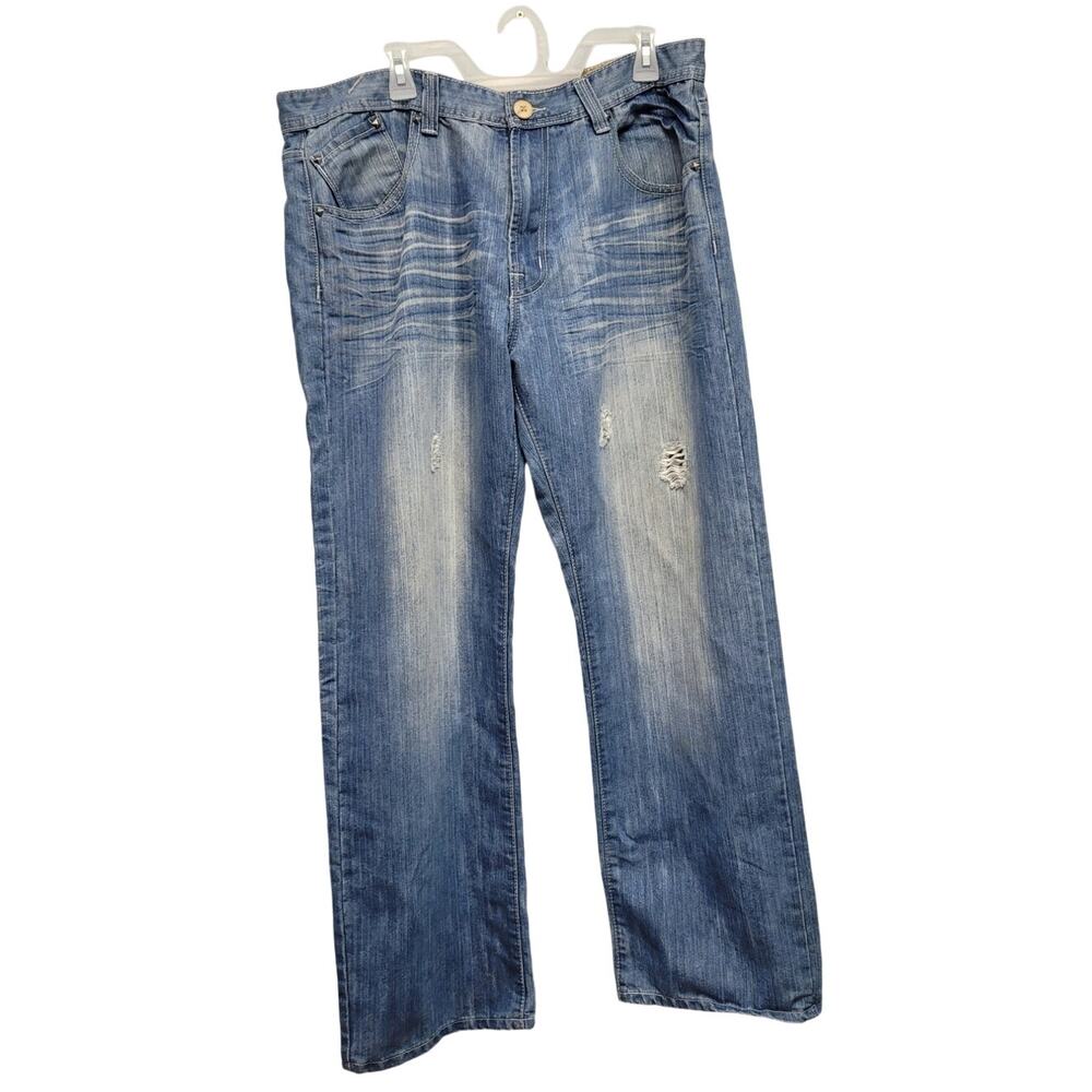 New Basic Code Mens 40X32 Cotton Factory Whiskered Distressed Faded Denim Jeans